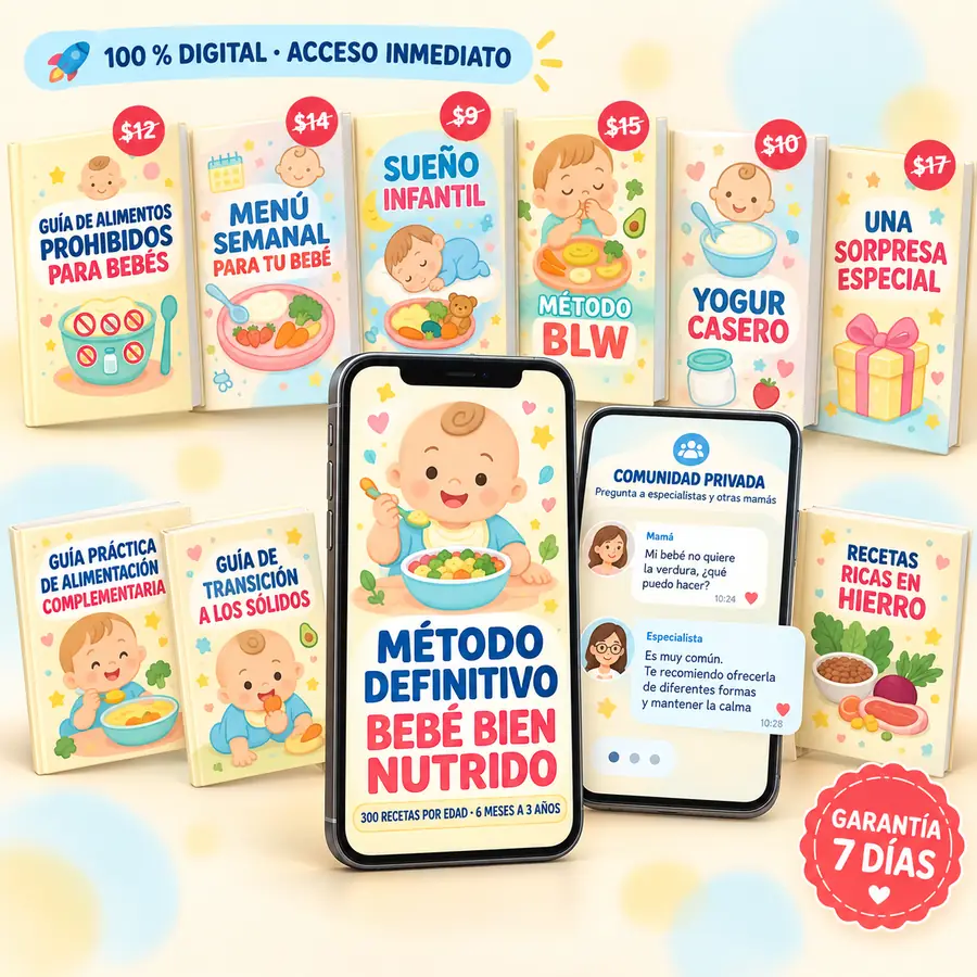 Método Definitivo Bebé Bien Nutrido: app con 300 recetas, 6 bonos, guías, comunidad privada y garantía de 7 días
