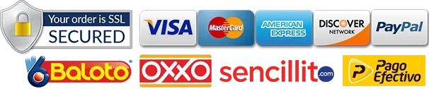 Pago seguro: Visa, Mastercard, American Express, PayPal, Baloto, OXXO, Sencillito, Pago Efectivo